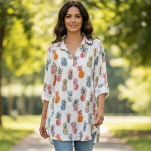 Sigrid Olsen Pineapple Print Linen Top Womens Medium Novelty Popover Blouse